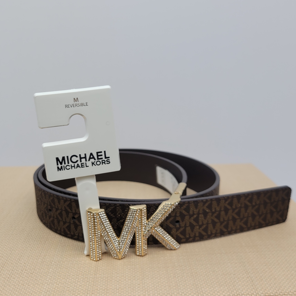 Michael Kors Reversible Dark Brown Belt with Gold MK Buckle